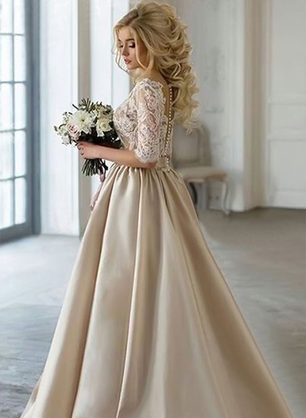 A-Line V-Neck Satin Floor-Length Prom Dress With Lace
