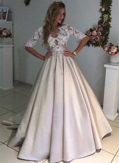 A-Line V-Neck Satin Floor-Length Prom Dress With Lace
