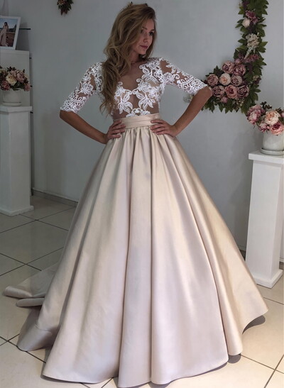 Ball-Gown V-Neck 1/2 Sleeves Sweep Train Lace/Satin Prom Dresses With Lace