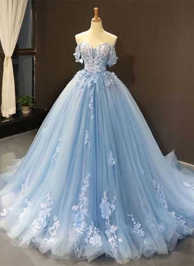 Ball-Gown Tulle Off-The-Shoulder Sleeveless Sweep Train Prom Dress With Appliques Lace