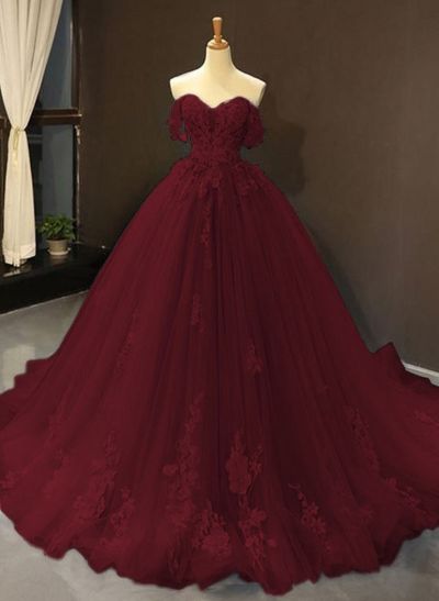 Ball-Gown Tulle Off-the-Shoulder Sleeveless Sweep Train Prom Dress With Appliques Lace