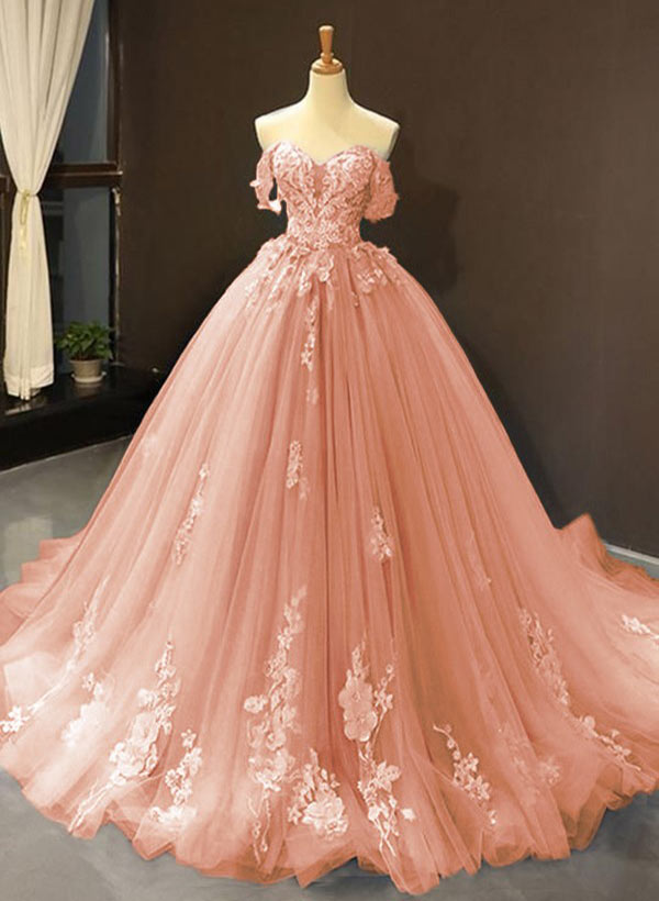 Ball-Gown Tulle Off-the-Shoulder Sleeveless Sweep Train Prom Dress With Appliques Lace