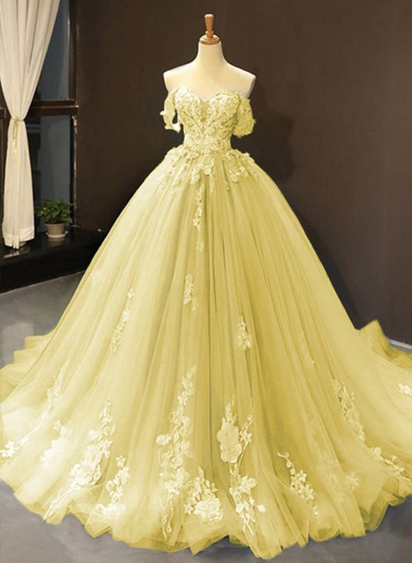 Ball-Gown Tulle Off-the-Shoulder Sleeveless Sweep Train Prom Dress With Appliques Lace