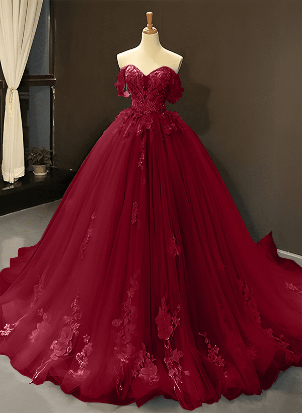 Ball-Gown Tulle Off-the-Shoulder Sleeveless Sweep Train Prom Dress With Appliques Lace