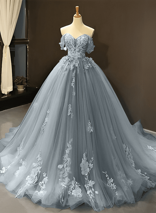 Ball-Gown Tulle Off-the-Shoulder Sleeveless Sweep Train Prom Dress With Appliques Lace