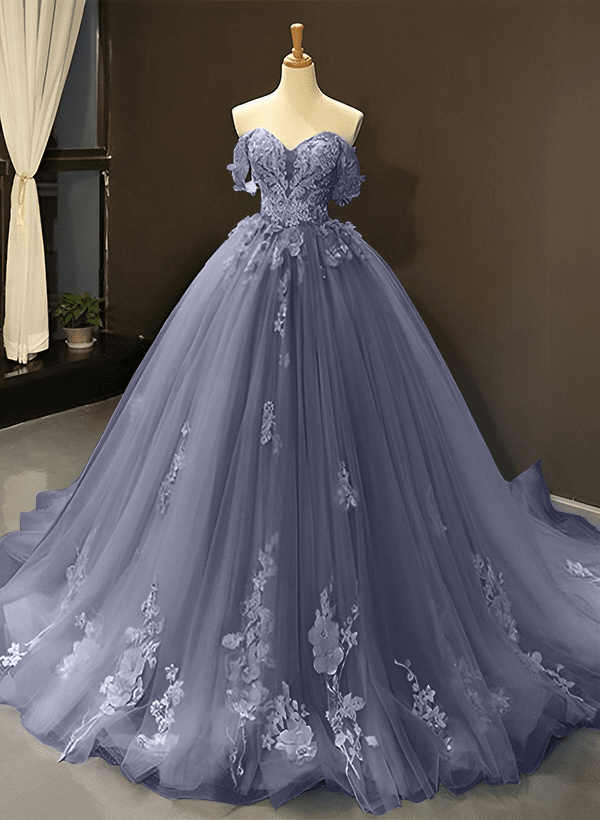 Ball-Gown Tulle Off-the-Shoulder Sleeveless Sweep Train Prom Dress With Appliques Lace