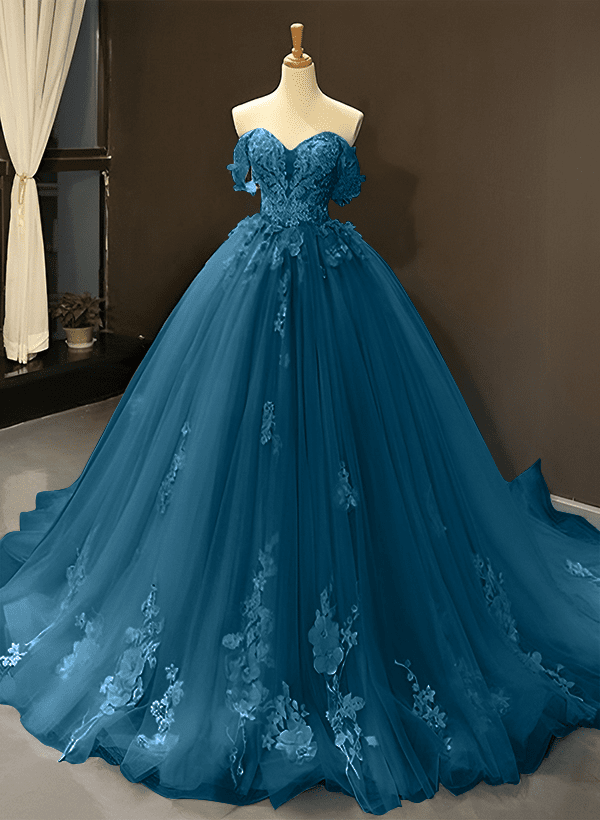 Ball-Gown Tulle Off-the-Shoulder Sleeveless Sweep Train Prom Dress With Appliques Lace