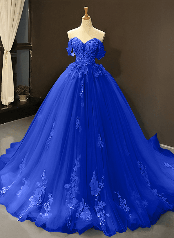 Ball-Gown Tulle Off-the-Shoulder Sleeveless Sweep Train Prom Dress With Appliques Lace