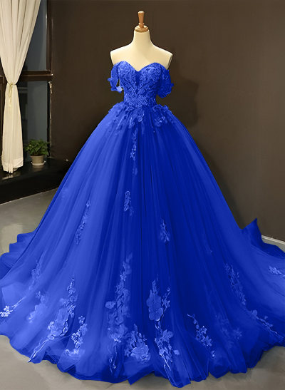 Ball-Gown Tulle Off-The-Shoulder Sleeveless Sweep Train Prom Dress With Appliques Lace