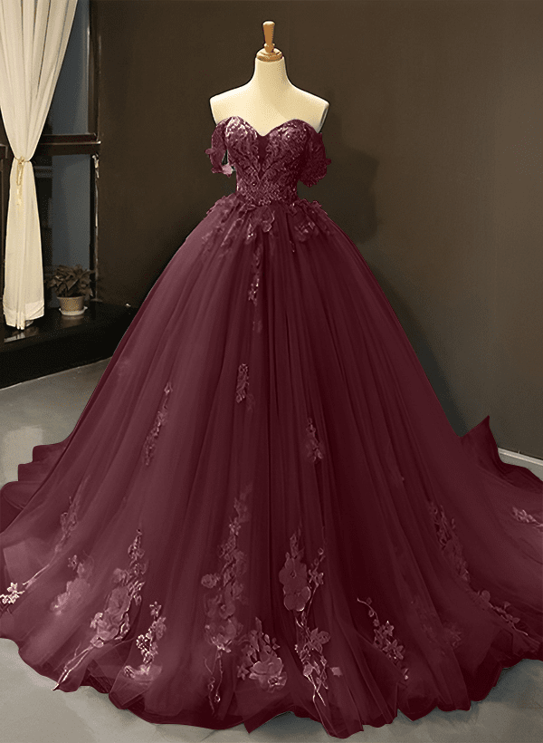 Ball-Gown Tulle Off-the-Shoulder Sleeveless Sweep Train Prom Dress With Appliques Lace