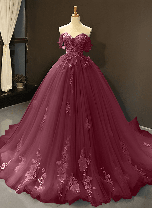 Ball-Gown Tulle Off-the-Shoulder Sleeveless Sweep Train Prom Dress With Appliques Lace