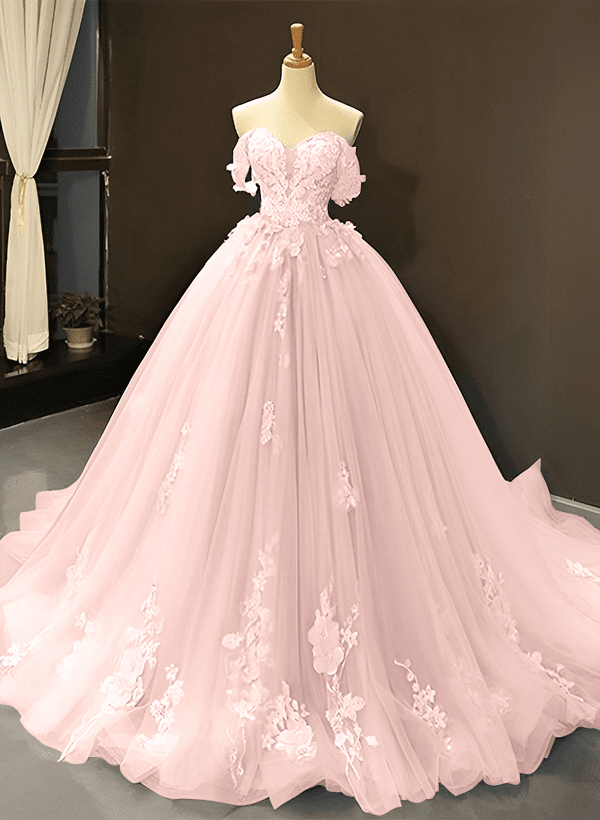 Ball-Gown Tulle Off-the-Shoulder Sleeveless Sweep Train Prom Dress With Appliques Lace