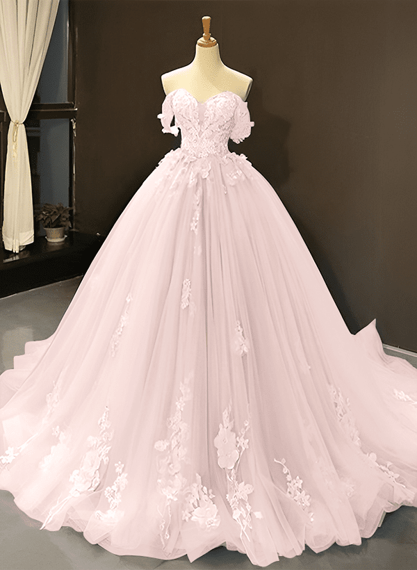 Ball-Gown Tulle Off-the-Shoulder Sleeveless Sweep Train Prom Dress With Appliques Lace