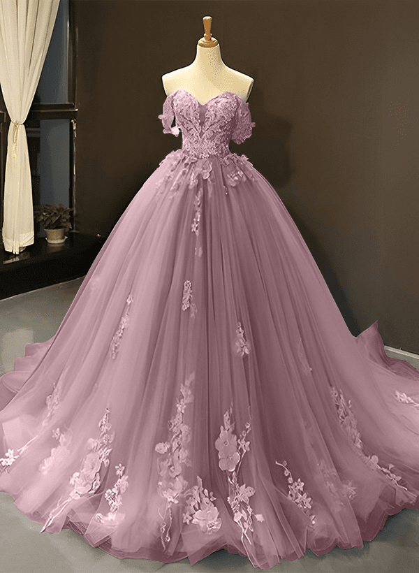 Ball-Gown Tulle Off-the-Shoulder Sleeveless Sweep Train Prom Dress With Appliques Lace