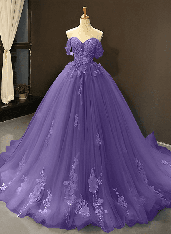 Ball-Gown Tulle Off-the-Shoulder Sleeveless Sweep Train Prom Dress With Appliques Lace