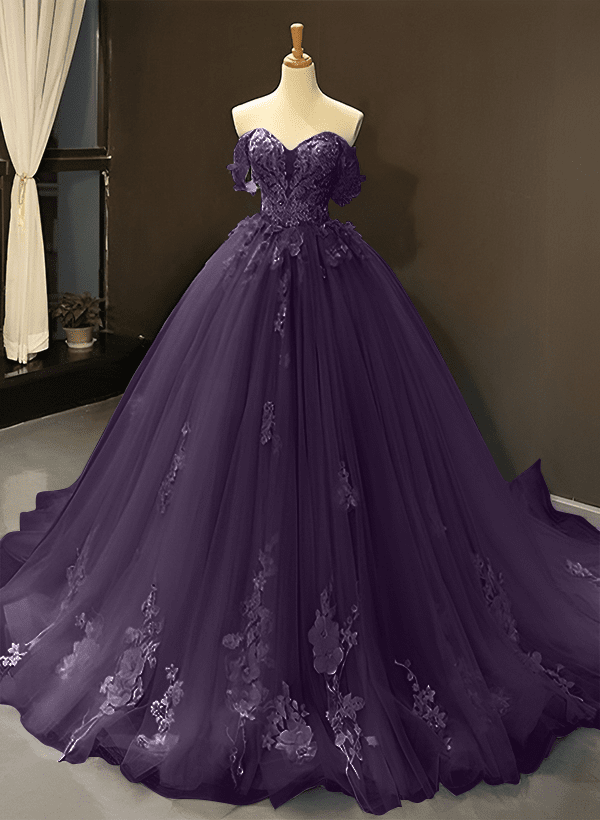Ball-Gown Tulle Off-the-Shoulder Sleeveless Sweep Train Prom Dress With Appliques Lace
