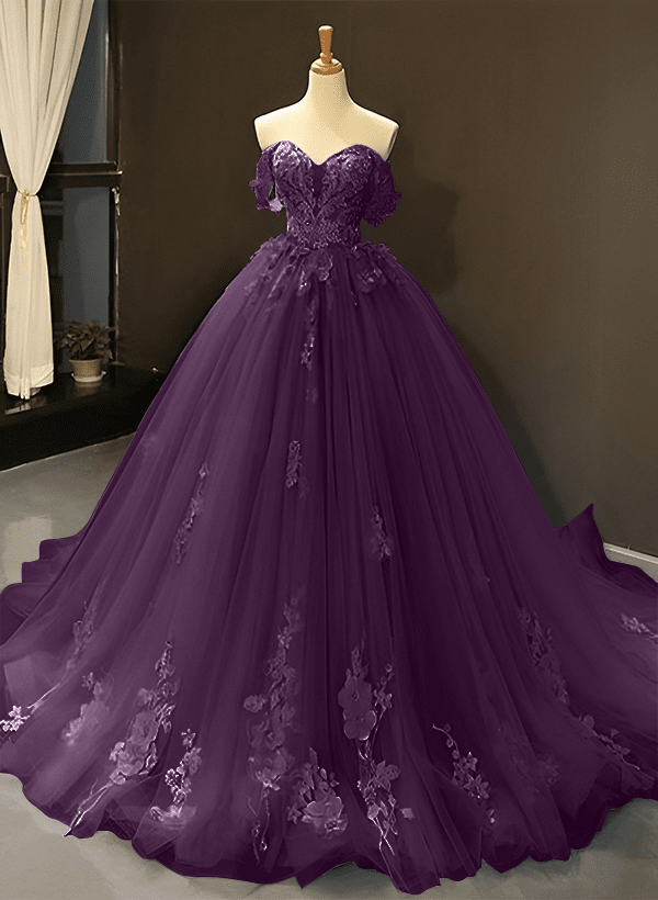 Ball-Gown Tulle Off-the-Shoulder Sleeveless Sweep Train Prom Dress With Appliques Lace
