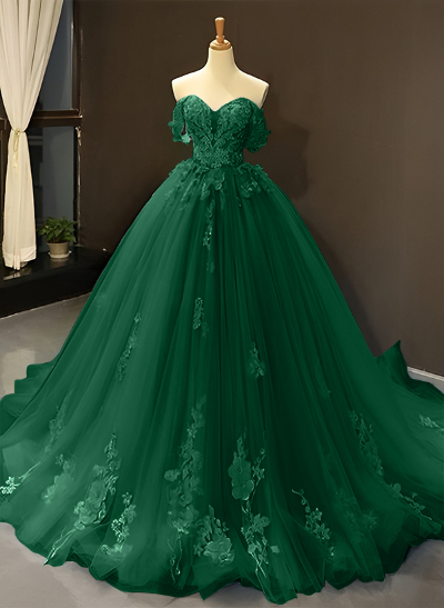 Ball-Gown Tulle Off-The-Shoulder Sleeveless Sweep Train Prom Dress With Appliques Lace