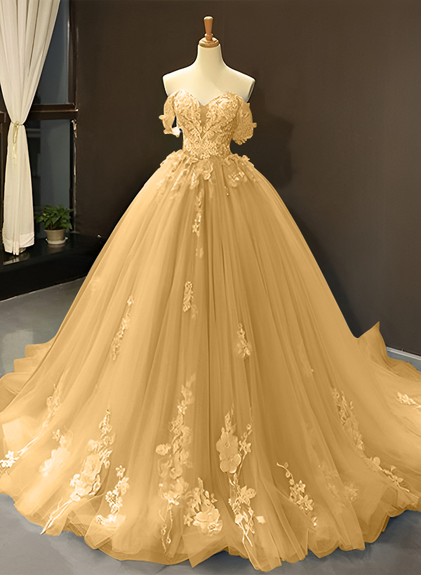 Ball-Gown Tulle Off-the-Shoulder Sleeveless Sweep Train Prom Dress With Appliques Lace