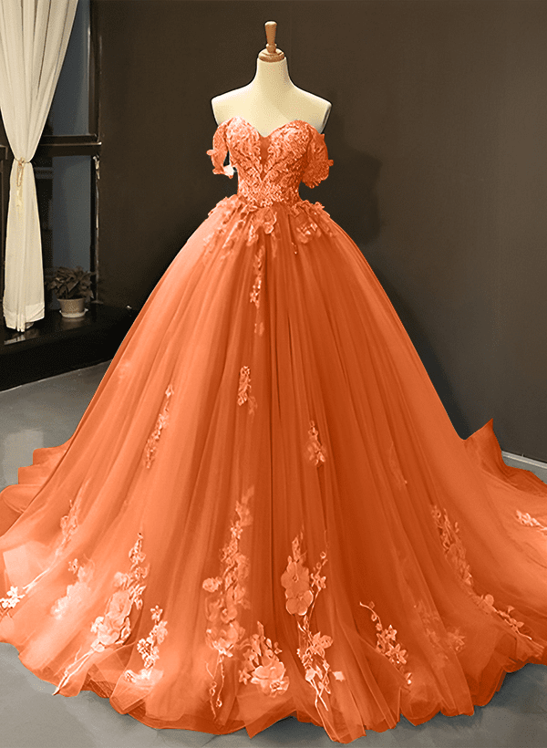 Ball-Gown Tulle Off-the-Shoulder Sleeveless Sweep Train Prom Dress With Appliques Lace