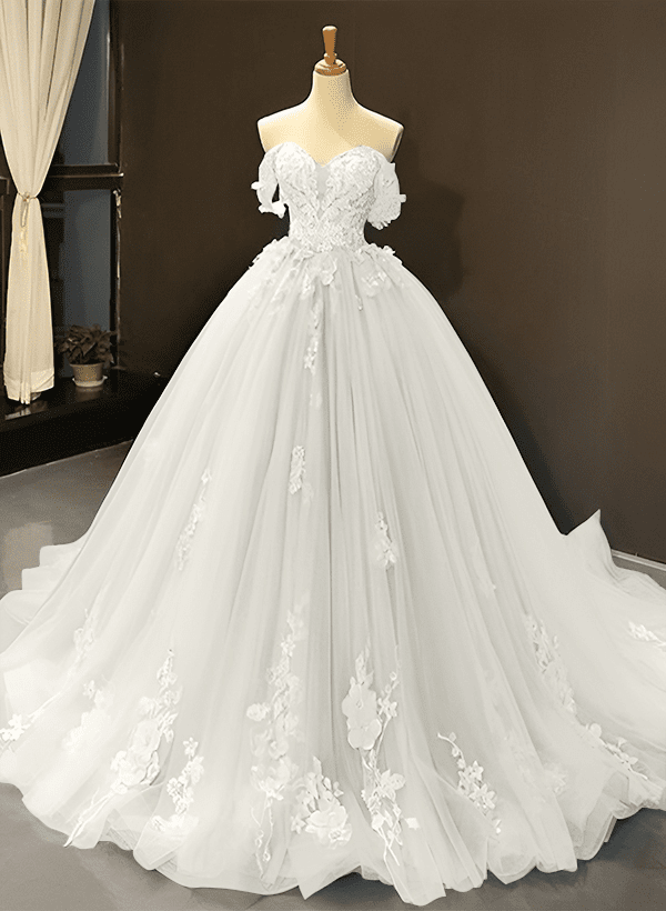 Ball-Gown Tulle Off-the-Shoulder Sleeveless Sweep Train Prom Dress With Appliques Lace