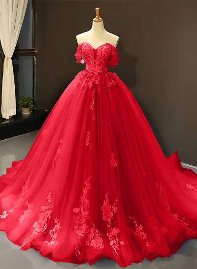 Ball-Gown Tulle Off-The-Shoulder Sleeveless Sweep Train Prom Dress With Appliques Lace