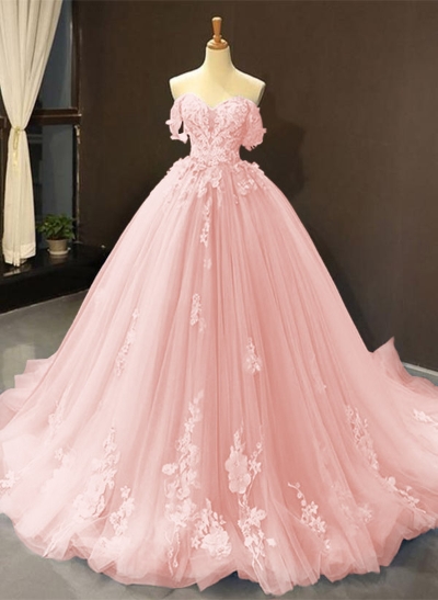 Dreamy Princess Ball Gown Off-Shoulder Collar Draping Prom Dress With Lace Up On Back