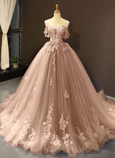 Dreamy Princess Ball Gown Off-Shoulder Collar Draping Prom Dress With Lace Up On Back