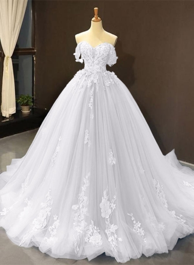 Dreamy Princess Ball Gown Off-Shoulder Collar Draping Prom Dress With Lace Up On Back
