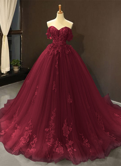 Dreamy Princess Ball Gown Off-Shoulder Collar Draping Prom Dress With Lace Up On Back