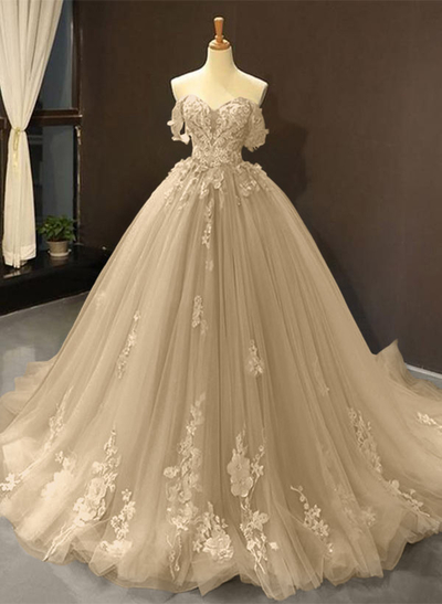 Dreamy Princess Ball Gown Off-Shoulder Collar Draping Prom Dress With Lace Up On Back