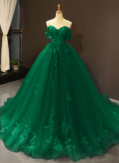 Dreamy Princess Ball Gown Off-Shoulder Collar Draping Prom Dress With Lace Up On Back