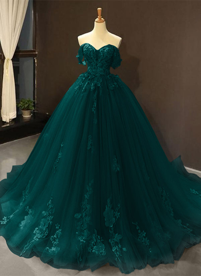 Dreamy Princess Ball Gown Off-Shoulder Collar Draping Prom Dress With Lace Up On Back