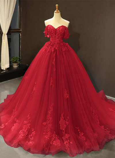 Dreamy Princess Ball Gown Off-Shoulder Collar Draping Prom Dress With Lace Up On Back