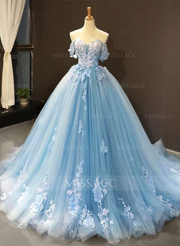 Dreamy Princess Ball Gown Off-Shoulder Collar Draping Prom Dress With Lace Up On Back