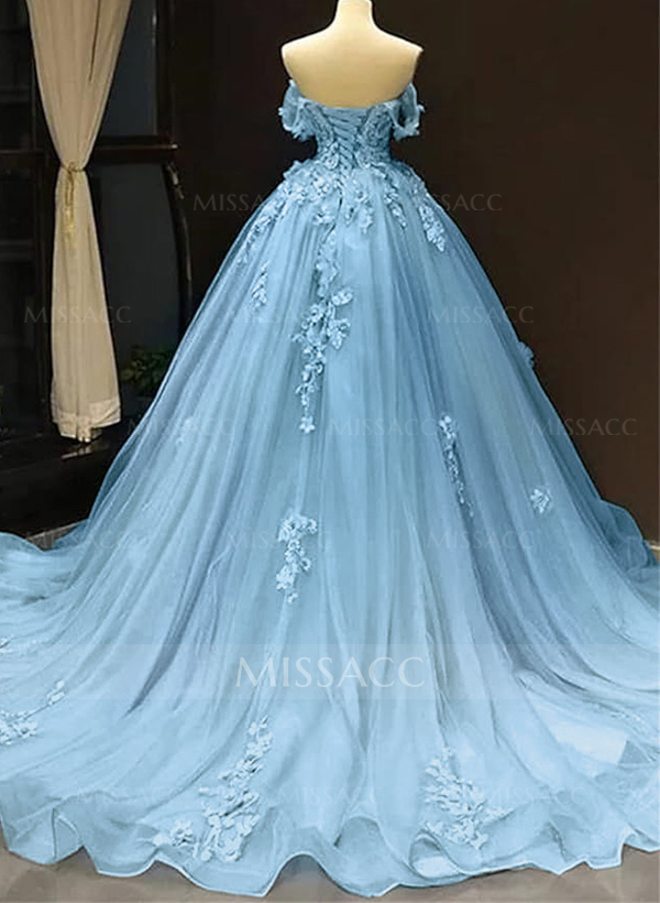 Dreamy Princess Ball Gown Off-Shoulder Collar Draping Prom Dress With Lace Up On Back