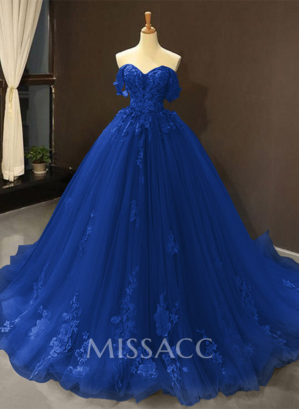 Dreamy Princess Ball Gown Off-Shoulder Collar Draping Prom Dress With Lace Up On Back