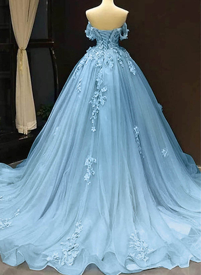 Dreamy Princess Ball Gown Off-Shoulder Collar Draping Prom Dress With Lace Up On Back