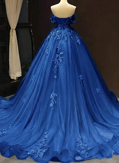 Dreamy Princess Ball Gown Off-Shoulder Collar Draping Prom Dress With Lace Up On Back