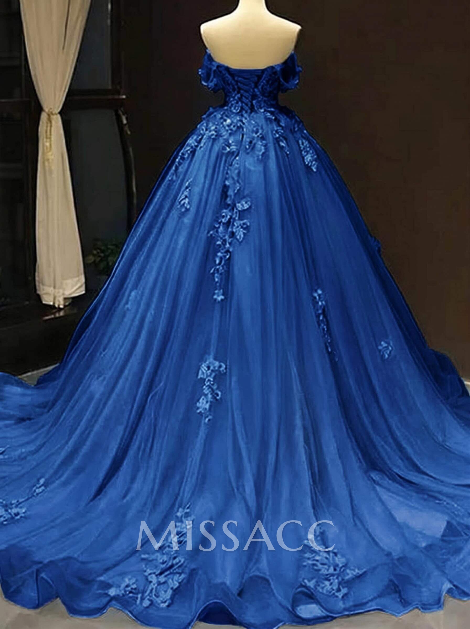 Dreamy Princess Ball Gown Off-Shoulder Collar Draping Prom Dress With Lace Up On Back