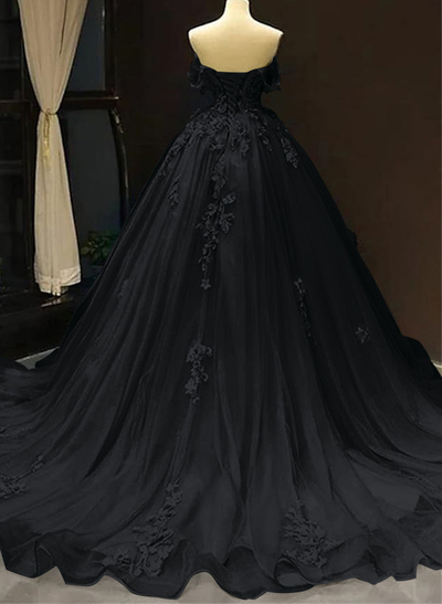 Dreamy Princess Ball Gown Off-Shoulder Collar Draping Prom Dress With Lace Up On Back