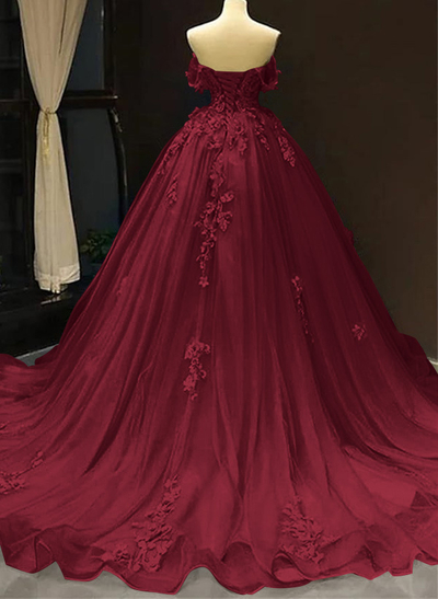 Dreamy Princess Ball Gown Off-Shoulder Collar Draping Prom Dress With Lace Up On Back
