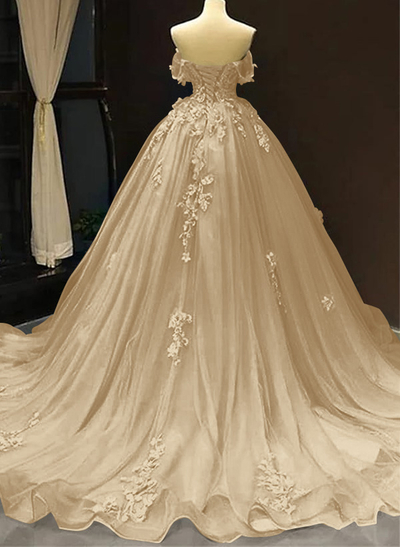 Dreamy Princess Ball Gown Off-Shoulder Collar Draping Prom Dress With Lace Up On Back