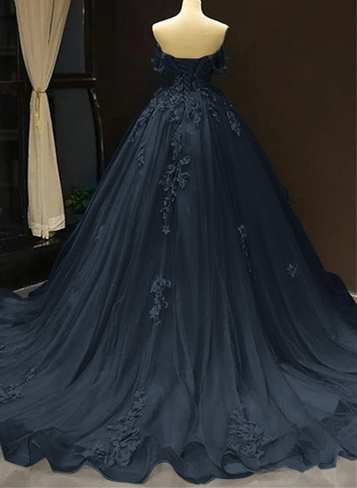 Dreamy Princess Ball Gown Off-Shoulder Collar Draping Prom Dress With Lace Up On Back