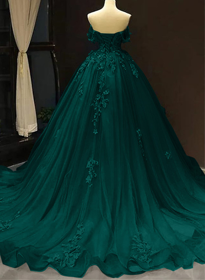 Dreamy Princess Ball Gown Off-Shoulder Collar Draping Prom Dress With Lace Up On Back