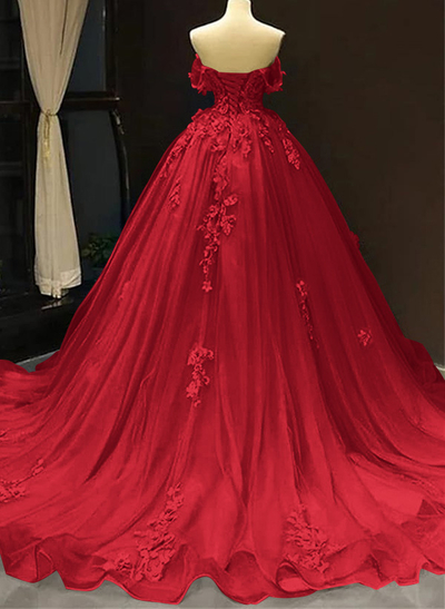 Dreamy Princess Ball Gown Off-Shoulder Collar Draping Prom Dress With Lace Up On Back