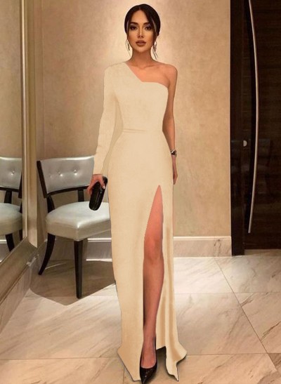 A-Line One-Shoulder Long Sleeves Floor-Length Prom Dress With High Split