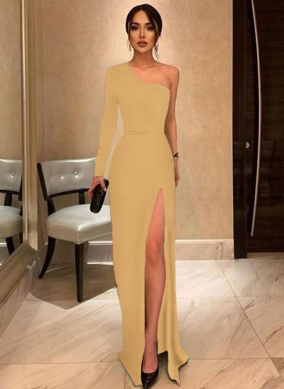 A-Line One-Shoulder Long Sleeves Floor-Length Prom Dress With High Split