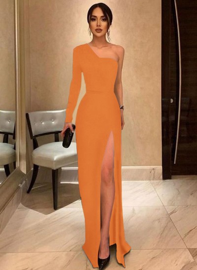 A-Line One-Shoulder Long Sleeves Floor-Length Prom Dress With High Split