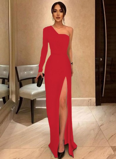 A-Line One-Shoulder Long Sleeves Floor-Length Prom Dress With High Split